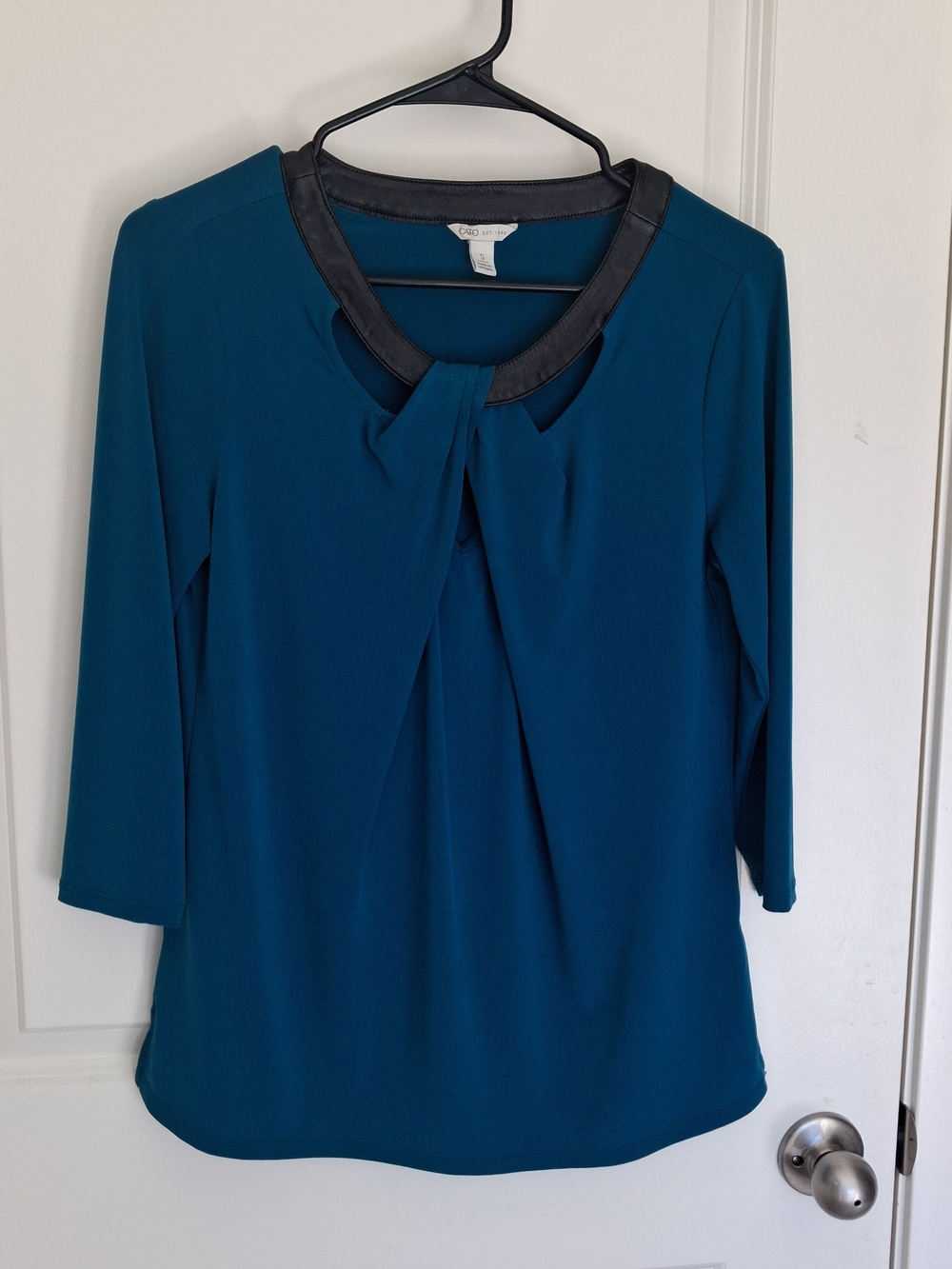 Cato Teal Blouse with Black Faux-Leather Trim